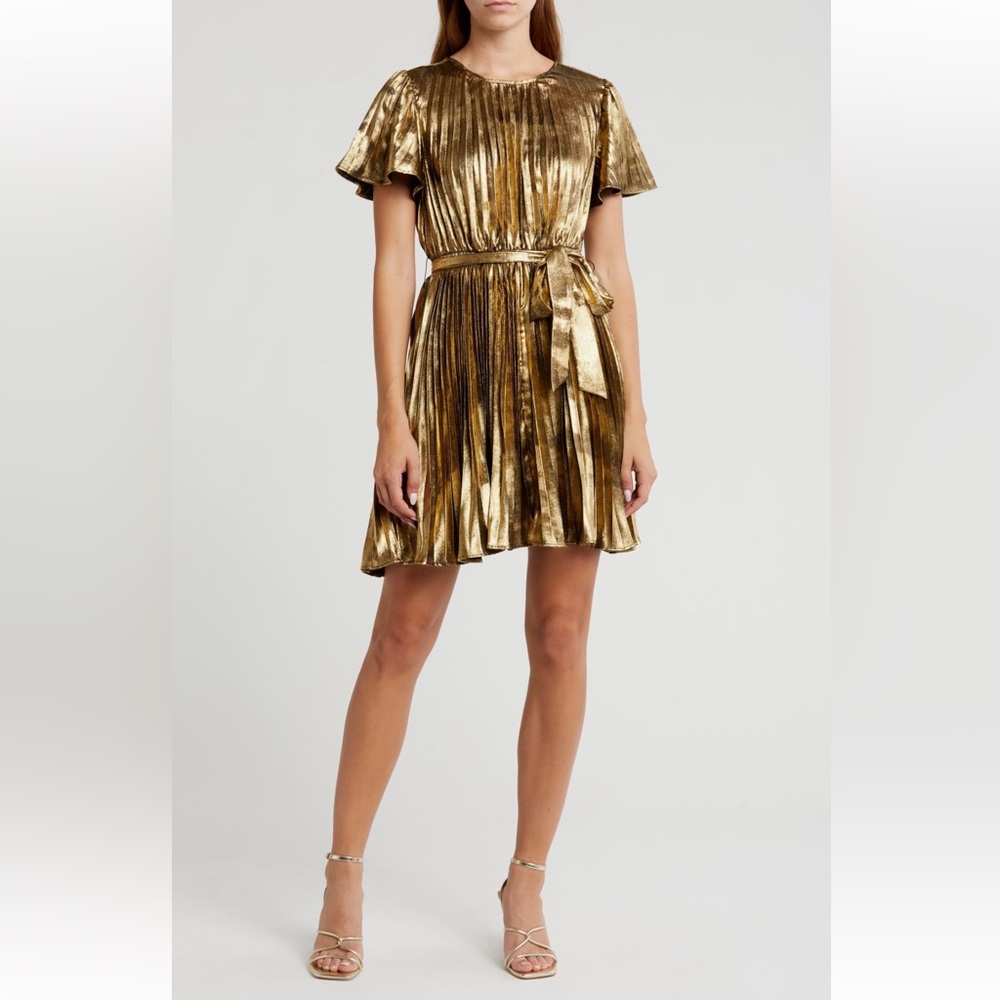 NWT Gold Sam Edelman Foil Plissé Tie Waist Dress Size 4
